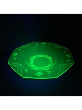 Large Green Depression Glass Uranium Bowl With Floral Chevron Etching 13"